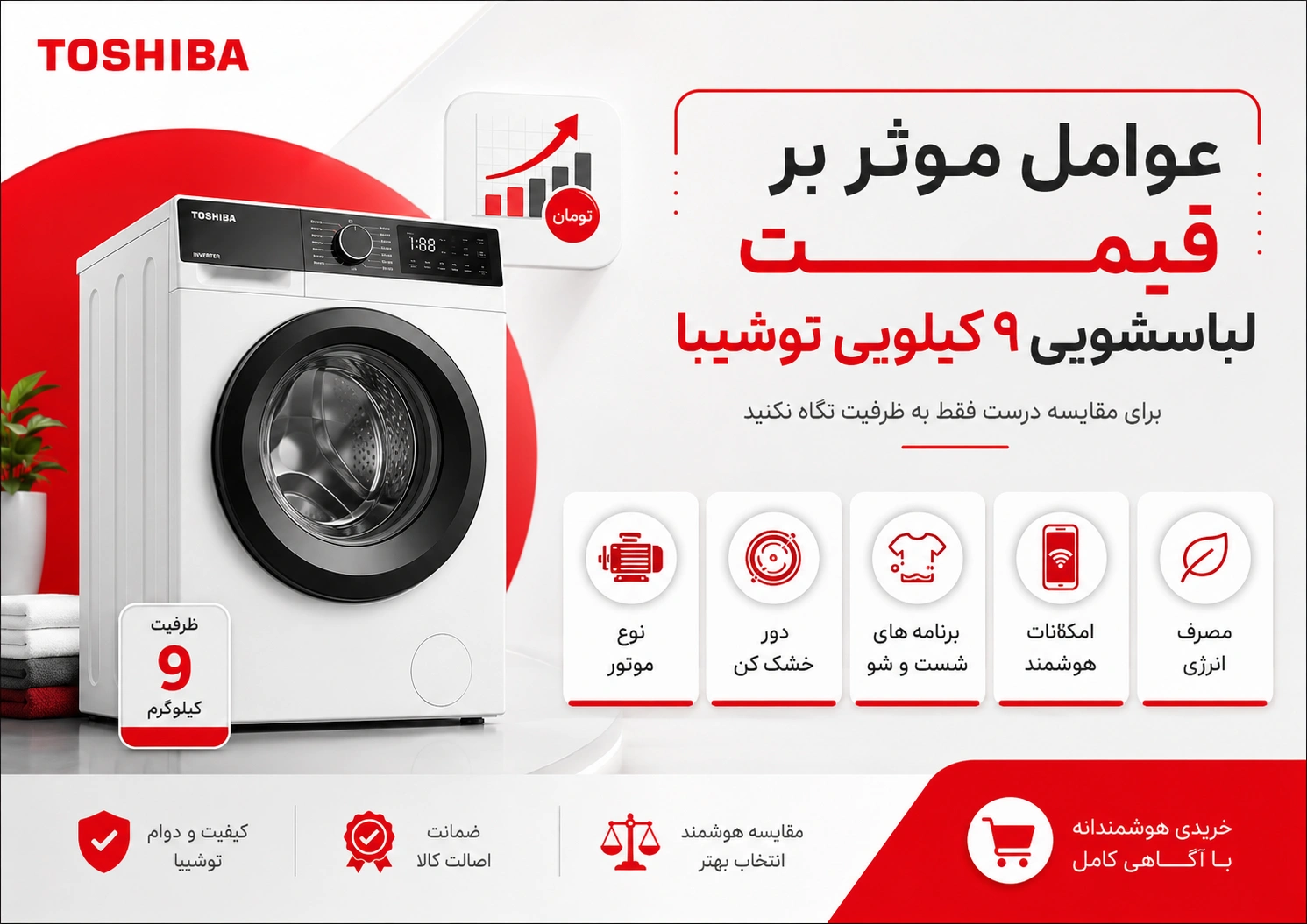 قیمت ماشین لباسشویی ۹ کیلویی توشیبا به چه عواملی بستگی دارد؟